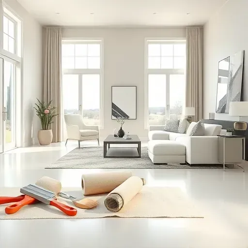 Freshly painted modern interior in Kenosha WI with smooth neutral walls, natural light, neat painting tools, and stylish decor