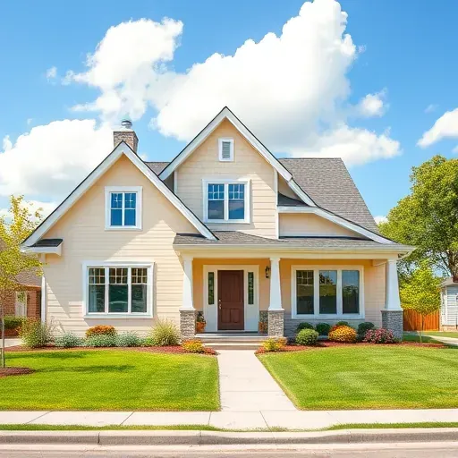 A freshly painted house in Bay View, WI features pastel colors, lush lawn, vibrant flowers, and serene blue sky.