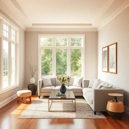 Renovated living room with neutral walls, modern furniture, fresh flowers, and inviting natural light in Thiensville WI.