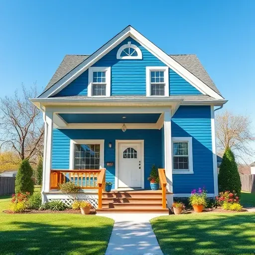 Residential exterior painting project in Cudahy WI featuring a two-story blue house with white trim and flower-filled lawns.