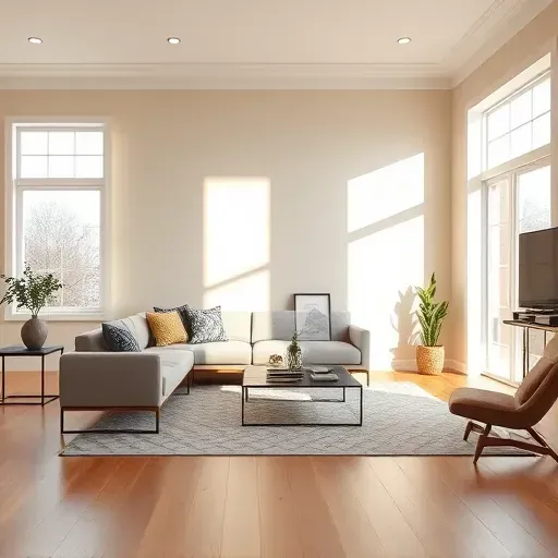 Freshly painted warm neutral wall in a modern Milwaukee living room with natural light, stylish furniture, and polished hardwood floors