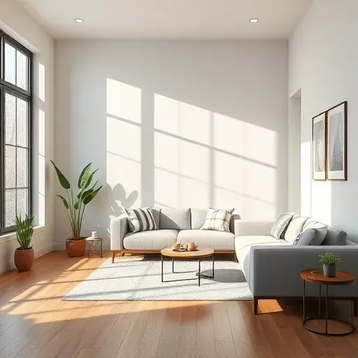 Freshly painted living room wall with natural light, modern sofa, coffee table, and stylish decor in Glendale WI.