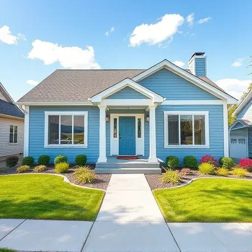 Beautifully painted light blue residential home in Pewaukee, WI with white trim and landscaped yard, showcasing craftsmanship.