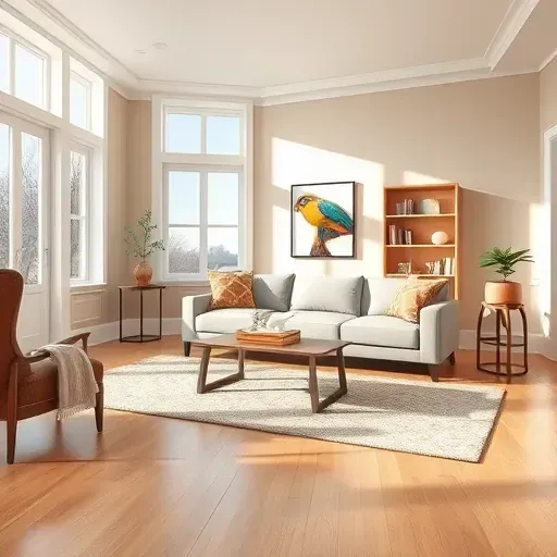 Bright modern living room in Thiensville WI with beige walls, hardwood floors, stylish decor, and ample natural light