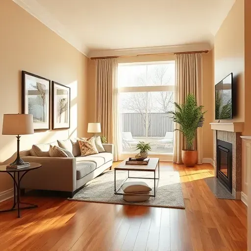 Beautiful painted living room in Thiensville WI with warm neutral walls, hardwood floors, modern furniture, decor, and natural light