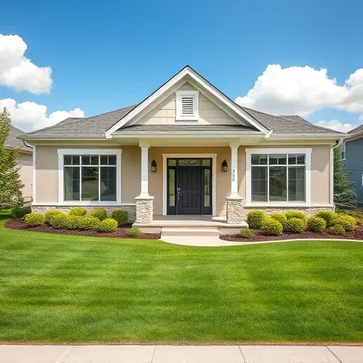 Beautifully painted contemporary home in Fox Point WI with beige exterior, navy door, and manicured lawn under a clear sky.