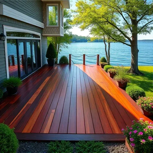 Freshly stained wooden deck in Milwaukee WI with vibrant color, smooth finish, lush greenery, and tranquil lake backdrop
