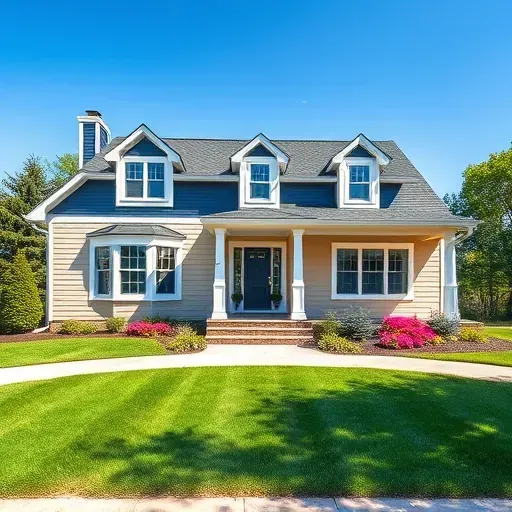 Beautifully painted traditional home in Franklin WI with beige and navy blue exterior, white trim, and vibrant landscaping.