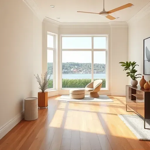 Freshly painted interior room in Port Washington WI with smooth neutral walls, modern decor, sunlight, and lakeside views