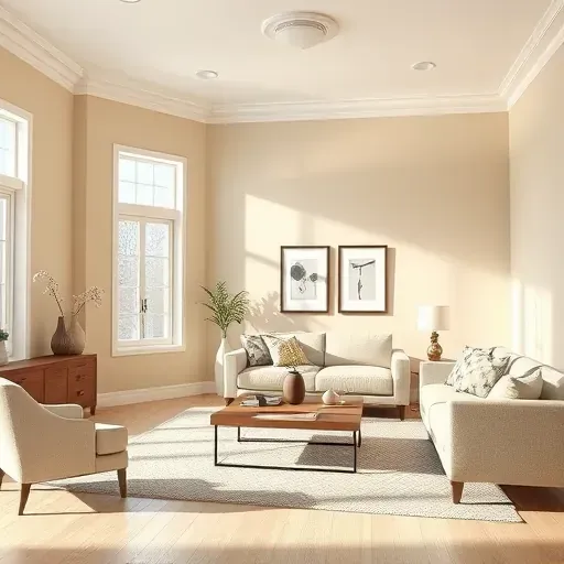 Brightly lit modern living room in Oak Creek WI with smooth beige walls, sleek furniture, large window, and stylish decor