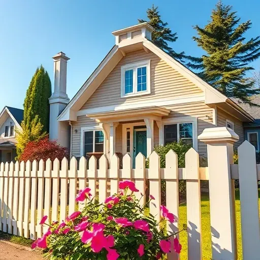 Freshly painted house in Bay View, WI with elegant color palette, vibrant flower bed, and matching fence in natural light.