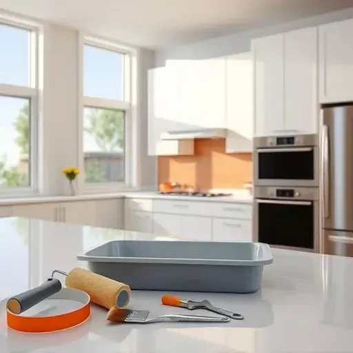 Freshly painted vibrant kitchen wall in Milwaukee with flawless finish, painting tools, modern cabinetry, and natural daylight