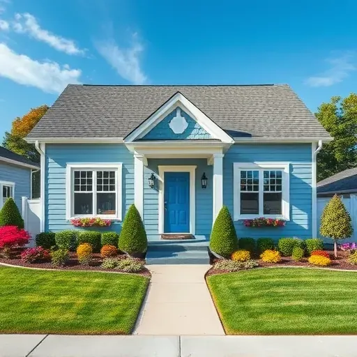 A newly painted charming house in Port Washington WI with soft blue and white hues, surrounded by a lush green lawn and flowers.