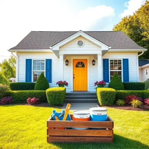 Freshly painted suburban house in Waterford, WI, with white exterior, blue shutters, and yellow door, surrounded by lush landscaping.