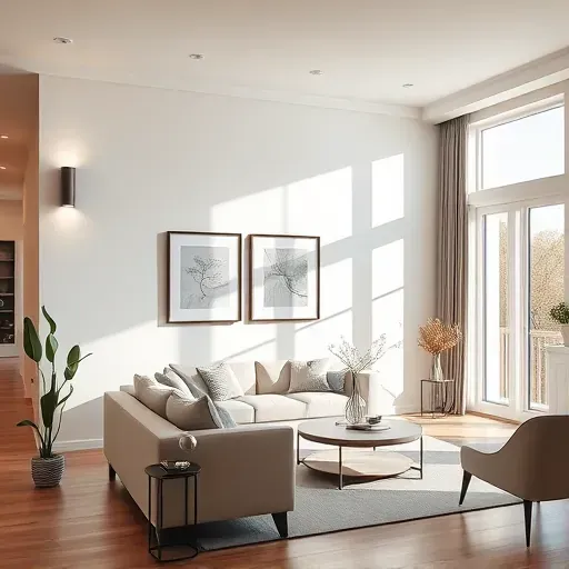 Freshly painted modern living room wall with natural light, sleek furniture, neutral tones, and stylish decor in a upscale home