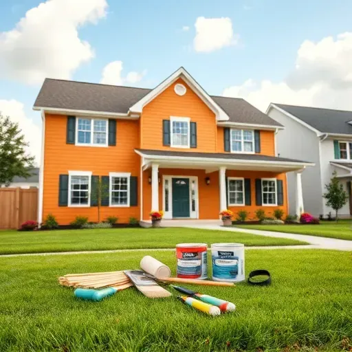 Freshly painted house in Butler WI with warm color, white trim, and tools indicating recent professional work.