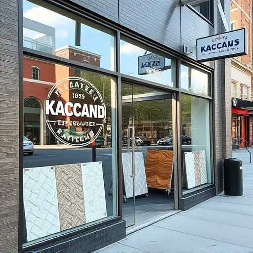 Modern Milwaukee texture matching shop with glass windows showcasing sample textures in a vibrant urban setting