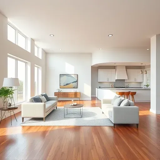 Freshly painted modern living room in Butler WI with natural light, polished hardwood floors, sleek furniture, and open-plan kitchen