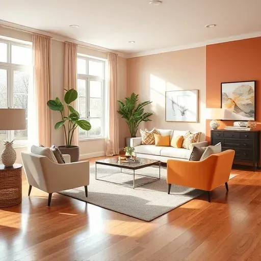 Modern Milwaukee living room with harmonious neutral colors, warm accent walls, stylish furniture, natural light, and elegant decor