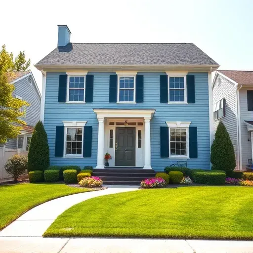 Charming two-story colonial home in Franklin, WI with freshly painted soft blue and white exterior and bold front door.