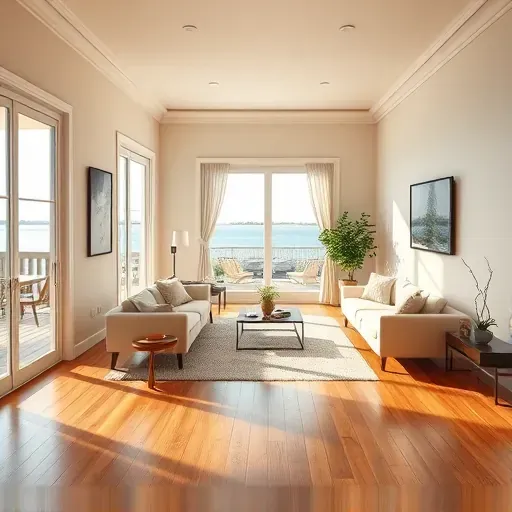 Bright airy interior of a Port Washington living room with neutral walls, large windows, hardwood floors, modern furniture, and shoreline view