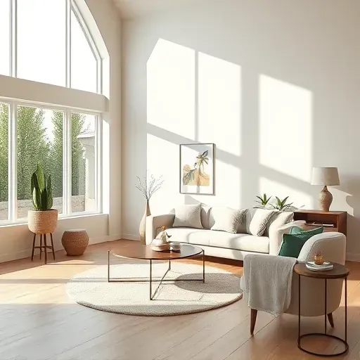 Recently completed interior painting in St. Francis WI showing a bright modern living room with neutral walls, natural sunlight, stylish furniture, and decorative accents