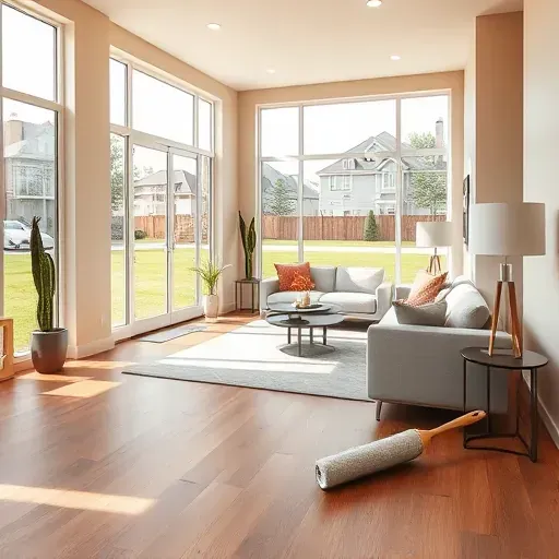 Freshly painted modern living room in Franklin Wisconsin with warm neutral walls, hardwood floors, natural light, and stylish decor