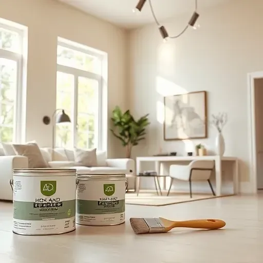 Freshly painted living room wall in soft neutral tones with high-end eco-friendly paint, natural light enhancing quality.