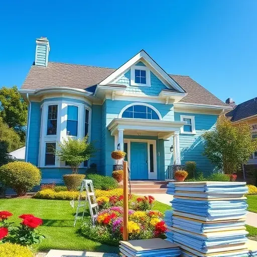 Beautifully painted South Milwaukee house in soft blue with white trim, surrounded by colorful garden flowers and organized workspace.