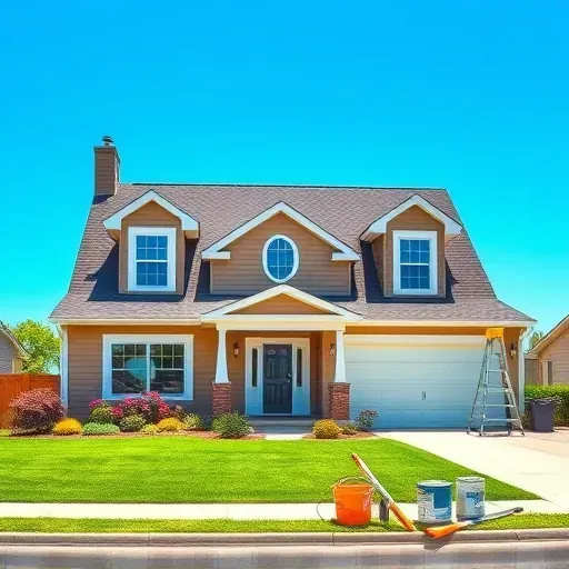 Freshly painted suburban home in Greendale WI featuring taupe exterior, white trim, inviting lawn, and neat tools.