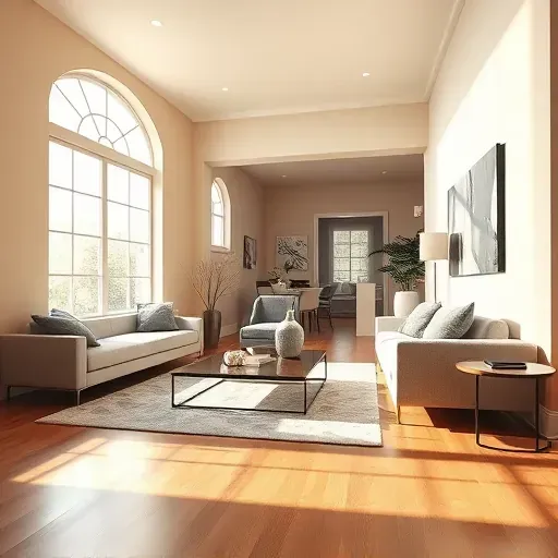 Freshly painted modern living room in River Hills WI with warm neutral walls, polished hardwood floors, and natural daylight.