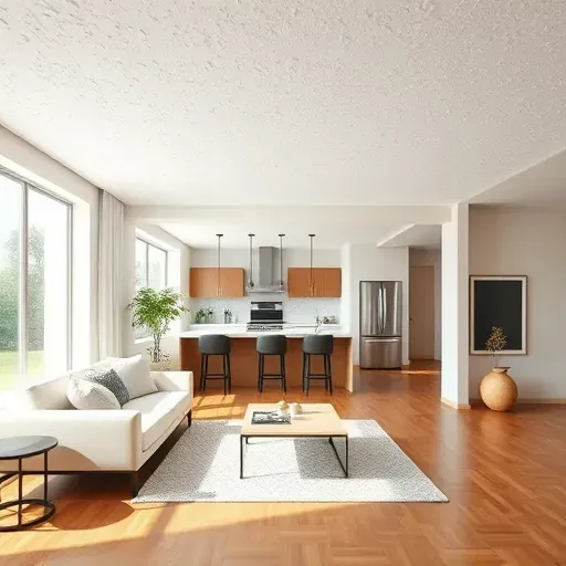 Modern living room in Milwaukee after popcorn ceiling removal with smooth white ceilings, hardwood floors, minimalist furniture, and natural light