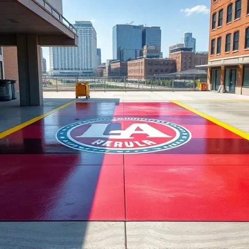 Freshly completed colorful concrete painting in Milwaukee with detailed patterns, crisp lines, industrial setting, and cityscape background