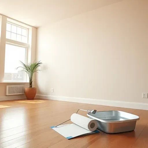 Freshly painted neutral wall in a modern Menomonee Falls living room with painter’s tools and polished decor.