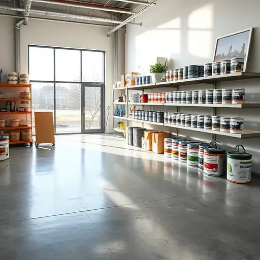 Modern Milwaukee painting supplies shop interior with organized primer cans, tools, and natural light highlighting professionalism