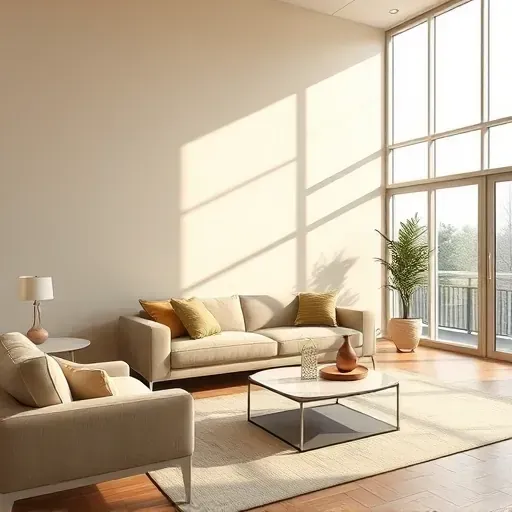 Freshly painted beige interior wall in a modern living room with natural light, stylish decor, and refined craftsmanship