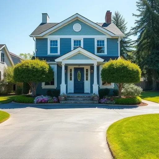 Charming two-story house in Shorewood WI painted in soft blue and white with vibrant flower beds and manicured lawn.