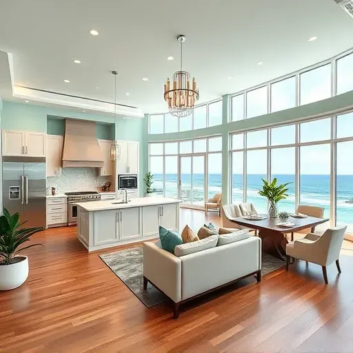 Open-concept living space in Jupiter, FL, featuring coastal charm, modern decor, and panoramic windows with views.