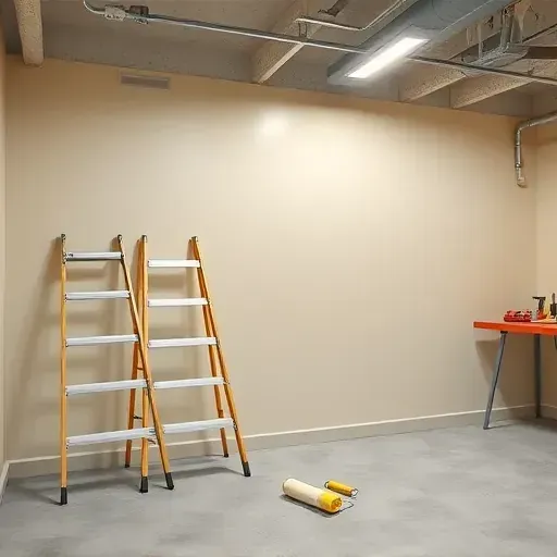 Freshly painted Milwaukee basement with vibrant walls, organized tools, ladder, and subtle reflective lighting.
