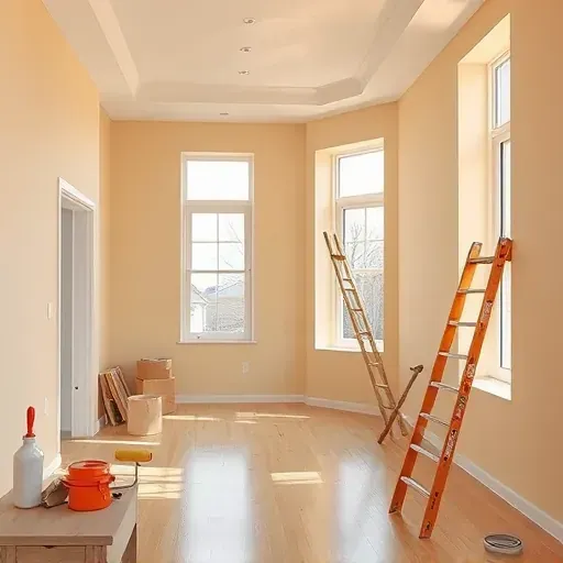 Freshly painted modern interior with neutral walls, painting tools, natural light, polished floor, clean organized space