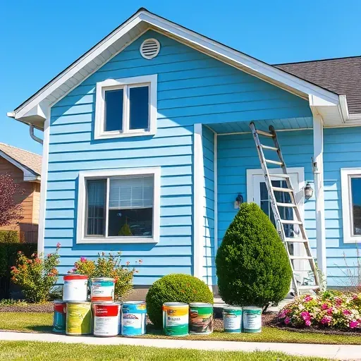 Recently painted house in West Allis, WI with soft blue siding, white trim, and landscaped yard. Paint cans and ladder visible.