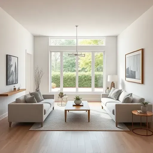 Finished modern living room with smooth neutral walls, contemporary furniture, natural light, and lush backyard view