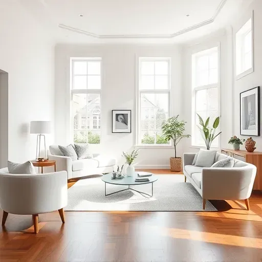 Modern white living room interior with elegant windows, sleek furniture, polished hardwood floors, and tasteful decor accents