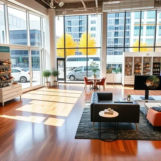 Pristine Milwaukee office and retail space with hardwood floors glass storefronts modern furniture urban street view fall foliage