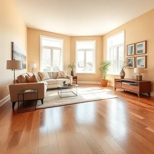 Modern renovated living room with seamless neutral walls, natural light, sleek furniture, and polished hardwood floors in Brookfield WI