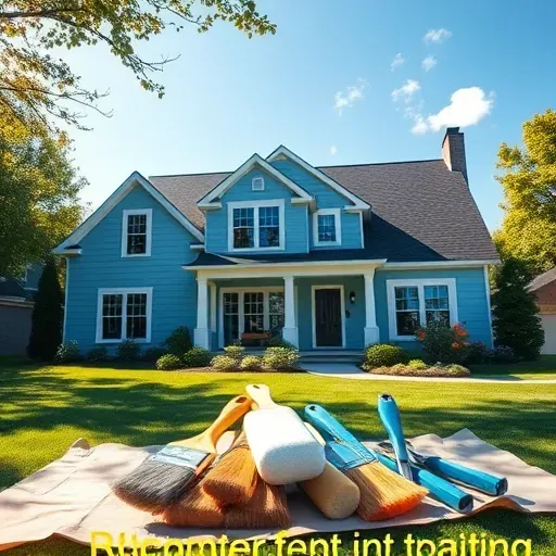 Renovated house in Thiensville WI with soft blue and white paint, manicured lawn, and organized painting tools on drop cloth.