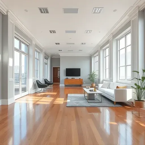 Bright modern Milwaukee office with painted gray walls, white trim, hardwood floors, glass partitions, and natural light.