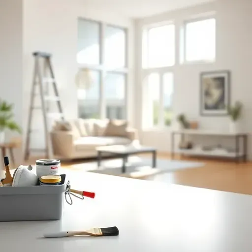 Freshly painted smooth interior wall in Bayside WI with vibrant colors, natural light, organized tools, stylish decor, and inviting ambiance