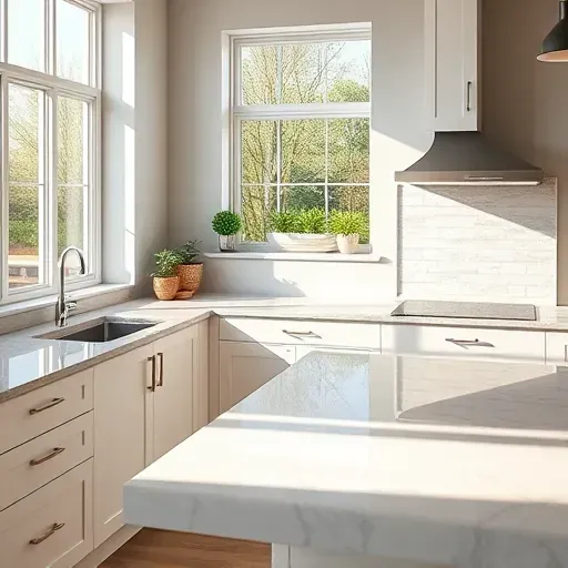 Refinished modern kitchen cabinets in a Milwaukee home with sleek surfaces, neutral tones, polished countertops, and warm natural light