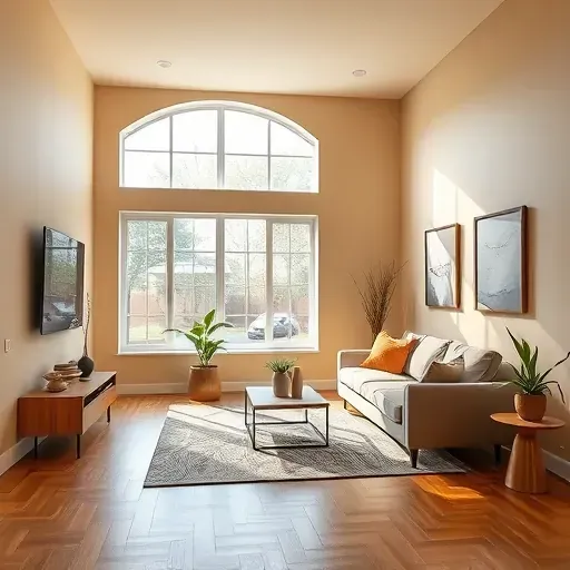 Beautifully painted neutral living room in Bay View Wisconsin with natural light, modern furniture, hardwood floors, and decorative accents